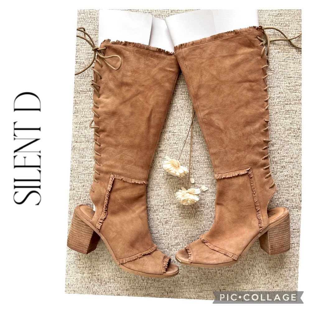 SILENT D ANTHROPOLOGIE LEATHER SUEDE FRIDGE LACE UP CHUNKY HEEL KNEE HIGH BOOTS